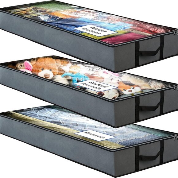 SmartCube Under Bed Storage Bags - 3 Pack Large 39" x‎ 18" x 6" Gray Container - Picture 1 of 8